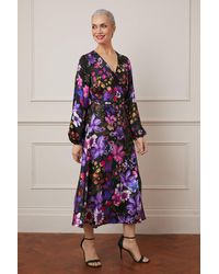 Wallis - Floral Print Viscose Satin Wrap Midi Dress - Lyst