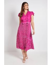 Wallis - Polka Dot Ruffle Neck Pleated Midi Dress - Lyst