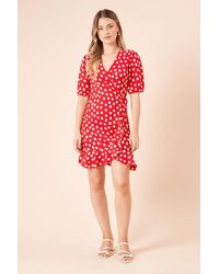 Dorothy Perkins - Spot Puff Sleeve Jersey Mini Wrap Dress - Lyst