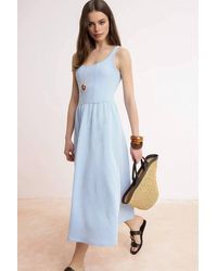WOVCOR - Stripe Print Strappy Midi Dress W/ Gathered Waist - Lyst