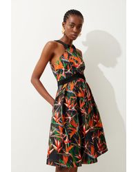Karen Millen - Tropical Lily Print Cotton Sateen Halter Midi Dress - Lyst