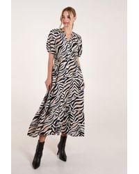 Blue Vanilla - Shirred Waist Button Front Puff Sleeve Midi Dress - Lyst