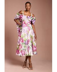 Coast - Lisa Tan Printed Organza Bardot Midi Dress - Lyst