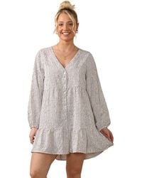 ELAINA FASHION - Chic V Neck Polka Dot Smock Mini Dress With Long Sleeves - Lyst