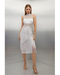 Karen Millen - Foiled Figure Form Bandage Fringe Halter Knit Midi Dress - Lyst