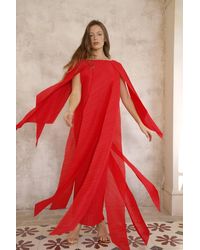 CY - Elegant Pleated Cape Sleeve Maxi Dress With Tie Waist - Lyst