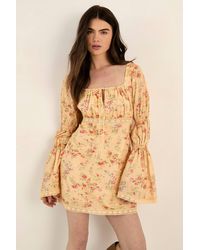 Nasty Gal - Cotton Voile Lace Trim Tie Front Puff Sleeve Mini Dress - Lyst
