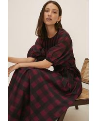 Oasis - Check Puff Sleeve Belted Midi - Lyst