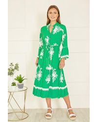 Yumi' - Green Viscose Midi Dress With Long Sleeves - Lyst
