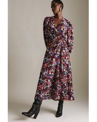 Karen Millen - Pansy Pop Print Long Sleeve Woven Wrap Midi - Lyst