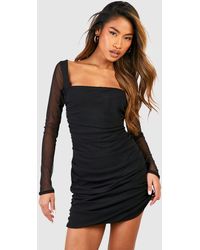 Boohoo - Square Neck Ruched Mesh Bodycon Dress - Lyst
