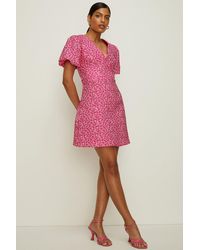Oasis - Floral Jacquard Puff Sleeve Mini Dress - Lyst