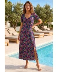 Roman - Floral Print Ruched Stretch Midi Dress - Lyst