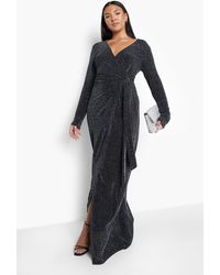 Boohoo - Plus Metallic Long Sleeve Wrap Maxi Dress - Lyst