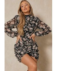 MissPap - Floral Shoulder Pad Detail Ruched Mini Dress - Lyst