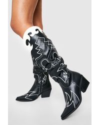 Boohoo - Contrast Stitch Embroidered Western Cowboy Boots - Lyst