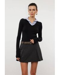 WOVCOR - Woven Shirt Collar Knit Blouse W/ Stretch Detail - Lyst