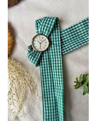 The Colourful Aura - Green Plaid Cloth Changeable Cotton Tie Knot Strap Geneva Boho Wristwatch - Lyst