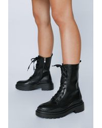 Nasty Gal - Faux Leather Chunky Lace Up Biker Boots - Lyst