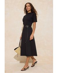 WOVCOR - D-Ring Belt Crew Neck Short Sleeve A-Line Midi Dress - Lyst