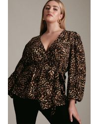 Karen Millen - Plus Size Leopard Print Long Sleeve Woven Wrap Top - Lyst