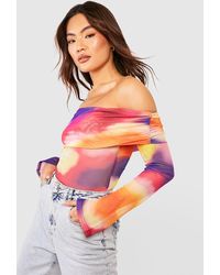 Boohoo - Abstract Print Mesh Off The Shoulder Flared Cuff Top - Lyst