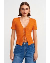 Dilvin - Fitted Crop Lace Blouse With Tie Front - Lyst
