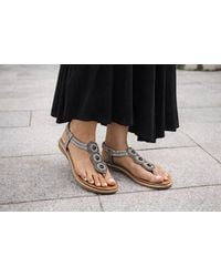 LARANGE - Metallic T-Strap Rhinestone Sandals Elastic Back Sparkly Flat Shoes - Lyst