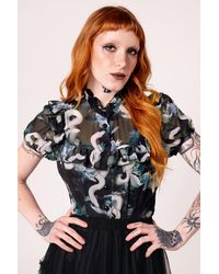Hell Bunny - Serpent Print Chiffon Blouse With Puff Sleeves & Frill - Lyst