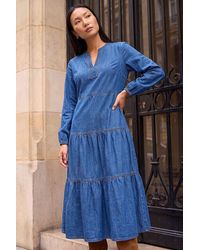 Roman - Cotton Denim Tiered Midi Dress - Lyst