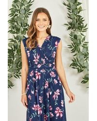 Yumi' - Floral Print Mesh Stretch Midi Dress With Pockets - Lyst