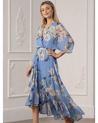 Yumi' - Urban Light Blue Floral Print Kimono Midi Wrap Dress - Lyst