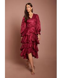 Coast - Satin Jacquard Tiered Blouson Sleeve Midi Dress - Lyst