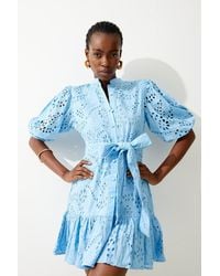 Karen Millen - Cotton Broderie Belted Woven Mini Dress - Lyst