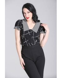 Hell Bunny - Stitches Bat Print V-Neck Blouse With Puff Sleeves & Frill Details - Lyst