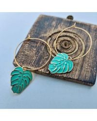 The Colourful Aura - Leaf Charm Dangle Floral Huggie Hoop Earrings - Lyst
