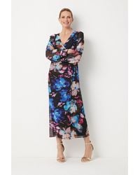 Wallis - Multi Large Floral Ruffle Front Wrap Midi Dress - Lyst