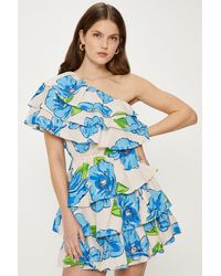 Oasis - Linen Mix One Shoulder Ruffle Tiered Floral Mini Dress - Lyst
