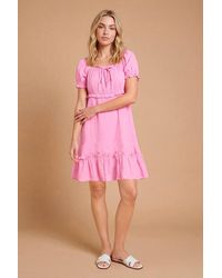 Dorothy Perkins - Petite Tie Detail Puff Sleeve Cotton Mini Dress - Lyst