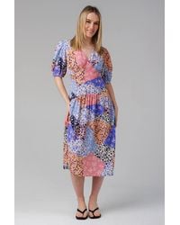 Influence - Puff Sleeve Printed V-Neck Midi Dress - Lyst
