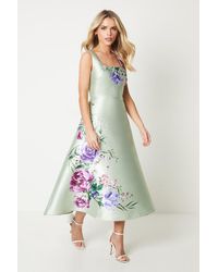 Coast - Petite Square Neck Twill Midi Dress With Floral Print - Lyst