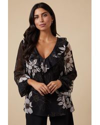Wallis - Tall Black Floral Ruffle Front Blouse - Lyst