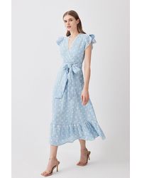 Karen Millen - Petite Broderie Cotton V Neck Wrap Maxi Dress - Lyst