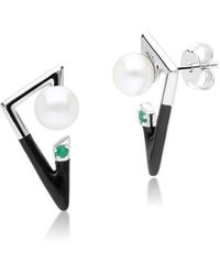 Gemondo - White Pearl & Emerald With Enamel Sterling Silver Art Deco Style Retro Stud Earrings One Size - Lyst