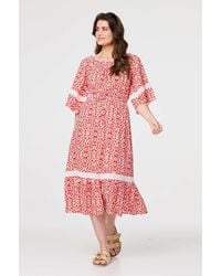 Izabel London - Printed Relaxed Lace Trim Midi Dress - Lyst