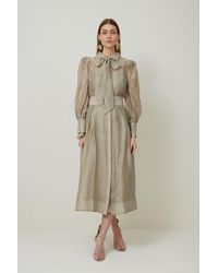 Karen Millen - Petite Linen Blend Organdie Woven Pussybow Midaxi Dress - Lyst