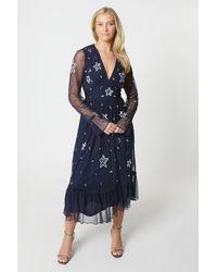 Debut London - Long Sleeve Star Embellished Tiered Midi Dress - Lyst
