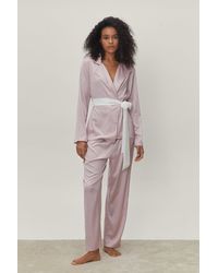 Nasty Gal - Petite Satin Contrast Belt Pajama Trouser Set - Lyst