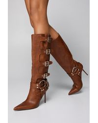 Nasty Gal - Faux Leather Buckle Detail Pointed Toe Knee High Boots - Lyst
