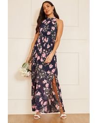 Mela - Navy Floral Print Halter Neck Maxi Dress - Lyst
